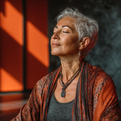 Katta yoshdagi ayol yoga mashqlari bilan shug'ullanmoqda